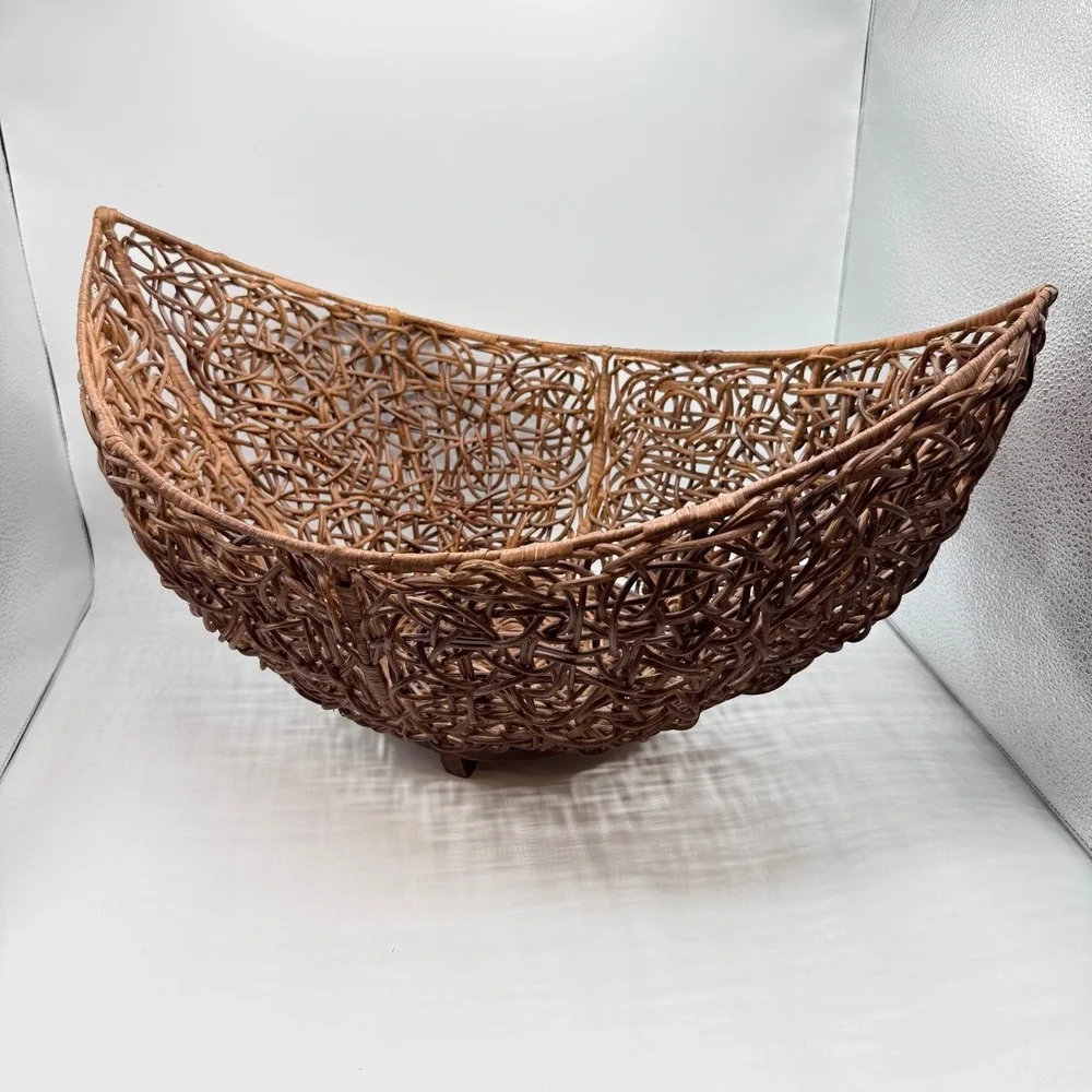 Vintage Sculptural Rattan Basket Bowl Wood Boho Organic Modern Centerpiece Decor